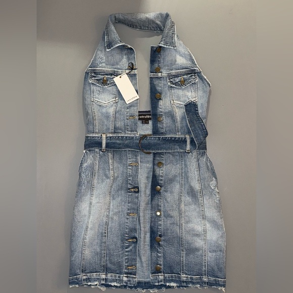 NEW W/ TAGS RETROFÊTE TAMAR DRESS IN CRESCENT 
DENIM HALTER TOP DRESS W POCKETS - Picture 4 of 8